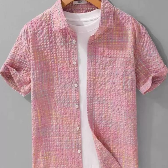 None Tops - Bubble Texture Pink Plaid Shirt